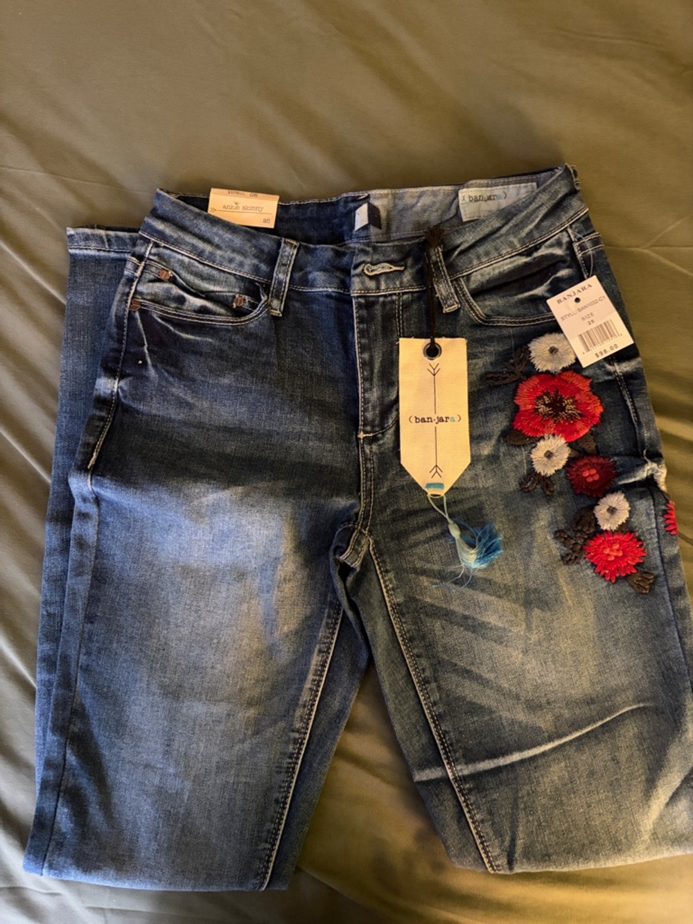 Banjara Ankle Skinny Jeans with Red Floral Embroidery
